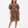 Kinder-Popeline-Kleid mit Puffärmeln und Leopardenmuster Kinder-Popeline-Kleid mit Puffärmeln und Leopardenmuster