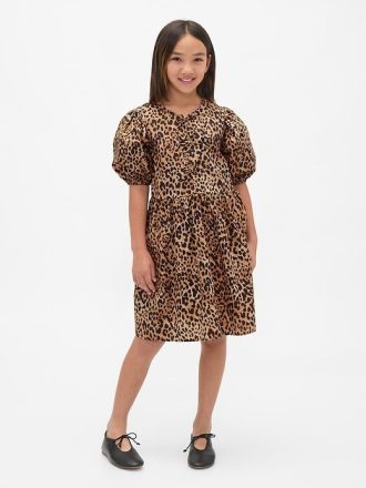 Kinder-Popeline-Kleid mit Puffärmeln und Leopardenmuster