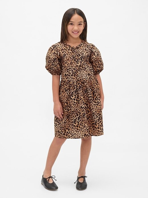 Kinder-Popeline-Kleid mit Puffärmeln und Leopardenmuster Kinder-Popeline-Kleid mit Puffärmeln und Leopardenmuster