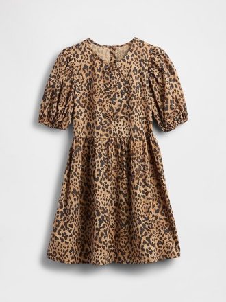 Kinder-Popeline-Kleid mit Puffärmeln und Leopardenmuster
