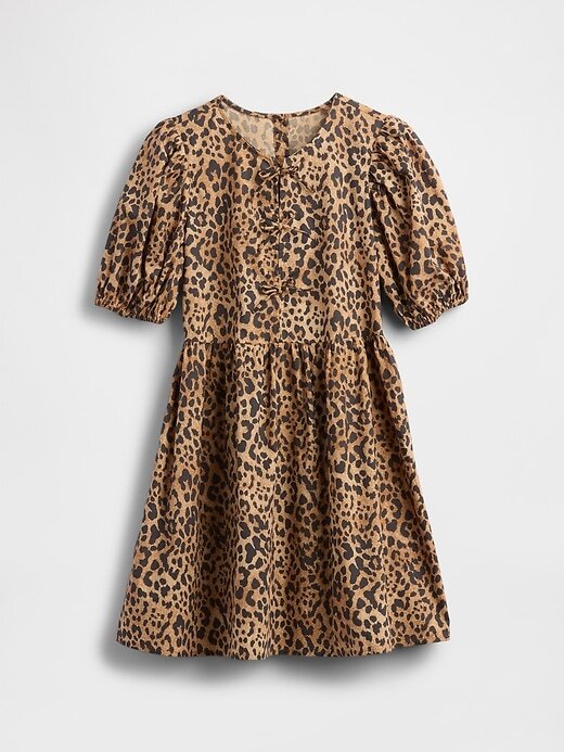 Kinder-Popeline-Kleid mit Puffärmeln und Leopardenmuster Kinder-Popeline-Kleid mit Puffärmeln und Leopardenmuster