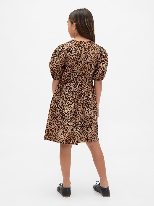 Kinder-Popeline-Kleid mit Puffärmeln und Leopardenmuster Kinder-Popeline-Kleid mit Puffärmeln und Leopardenmuster