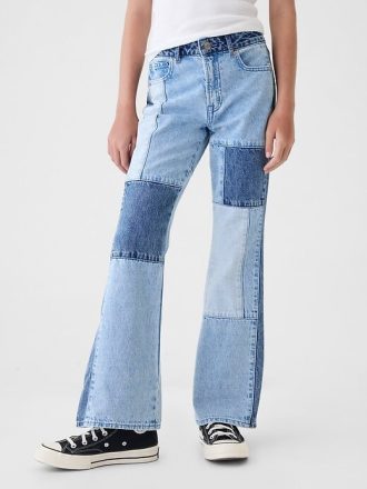 Kinder-Schlagjeans im Patchwork-Stil mit hohem Bund im 70er-Jahre-Stil