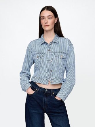 Kurze Jacke aus ultraweichem Denim mit Streifen und Symbol
