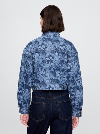 Kurze Jeansjacke mit Blumenmuster und Symbol
