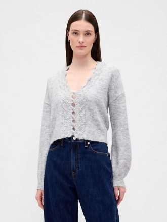 Kurzer Cardigan aus flauschigem Pointelle-Gewellt