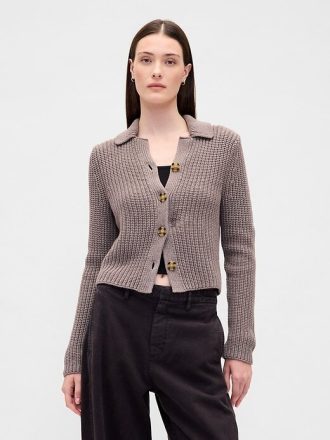 Kurzer Cardigan-Pullover mit Kragen aus 100 % Baumwolle