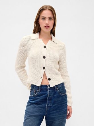 Kurzer Cardigan-Pullover mit Kragen aus 100 % Baumwolle