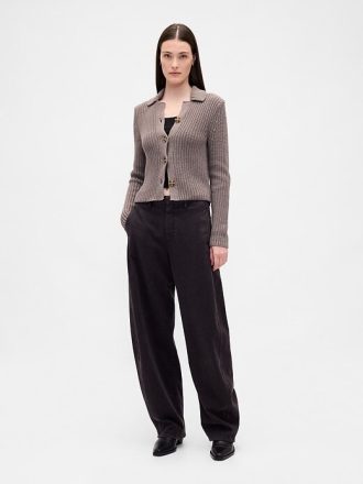 Kurzer Cardigan-Pullover mit Kragen aus 100 % Baumwolle