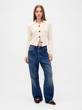 Kurzer Cardigan-Pullover mit Kragen aus 100 % Baumwolle