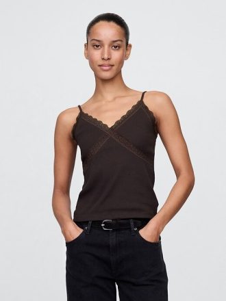 Kurzes Camisole aus Waffelstrick mit Spitzenbesatz