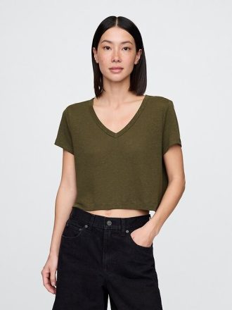 Kurzes T-Shirt aus Leinenmischung mit V-Ausschnitt