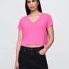 Kurzes T-Shirt aus Leinenmischung mit V-Ausschnitt Kurzes T-Shirt aus Leinenmischung mit V-Ausschnitt