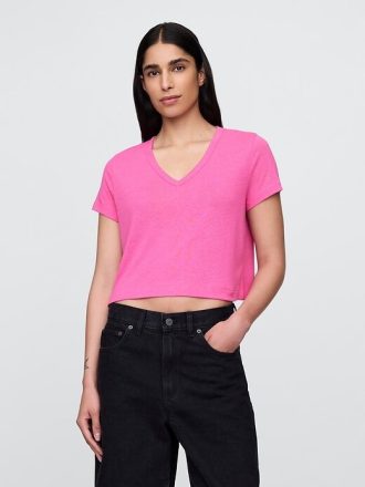 Kurzes T-Shirt aus Leinenmischung mit V-Ausschnitt