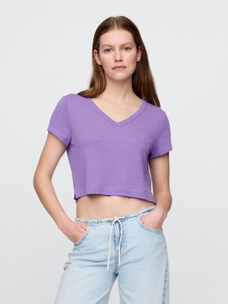 Kurzes T-Shirt aus Leinenmischung mit V-Ausschnitt