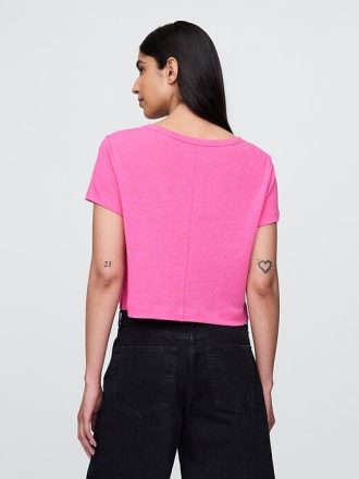 Kurzes T-Shirt aus Leinenmischung mit V-Ausschnitt