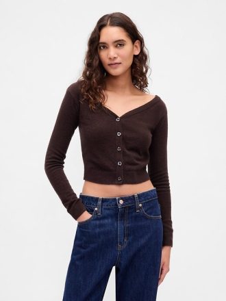 Leichtes CashSoft Crop Top mit Knopfleiste vorne
