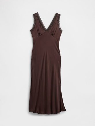Maxi-Slip-Kleid aus Satin mit V-Ausschnitt und Spitzenbesatz
