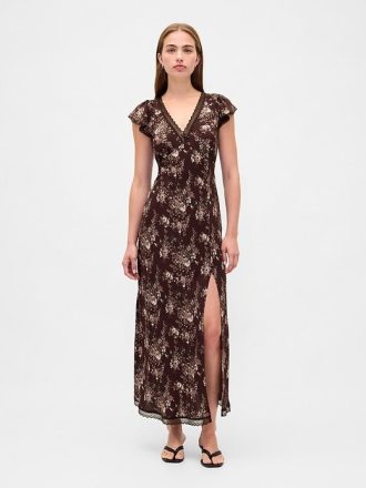 Maxikleid aus Crêpe mit V-Ausschnitt und Spitzenbesatz