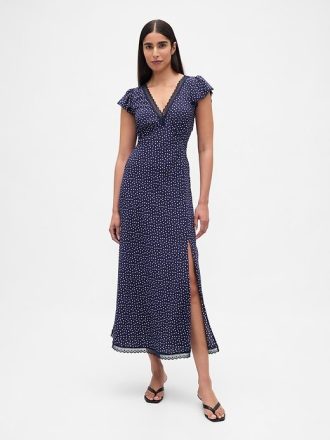 Maxikleid aus Crêpe mit V-Ausschnitt und Spitzenbesatz