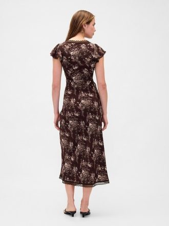 Maxikleid aus Crêpe mit V-Ausschnitt und Spitzenbesatz