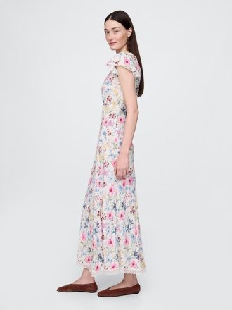 Maxikleid aus Crêpe mit V-Ausschnitt und Spitzenbesatz