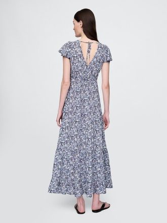 Maxikleid aus Krepp mit V-Ausschnitt und Stufen