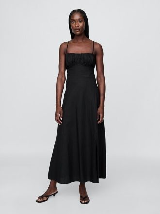 Maxikleid aus Leinenmischung mit gerafftem Oberteil