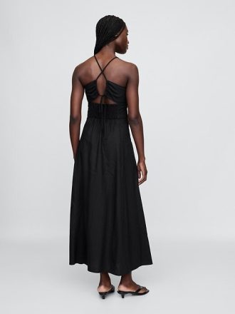 Maxikleid aus Leinenmischung mit gerafftem Oberteil