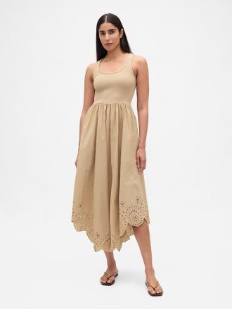 Midikleid aus gemischten Materialien mit Taschentuchsaum