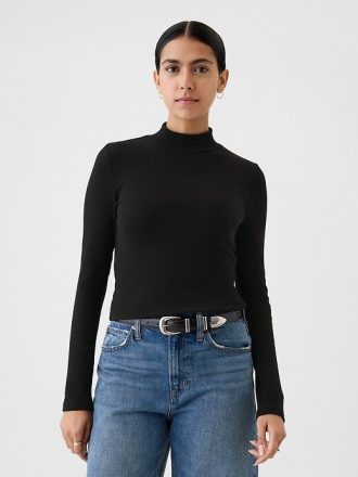 Modernes Rippen-Crop-Shirt mit Stehkragen