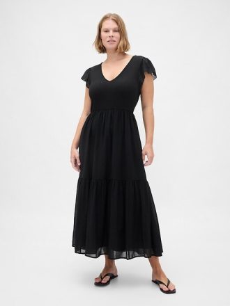 Modernes Rüschen-Maxikleid aus gemischten Materialien