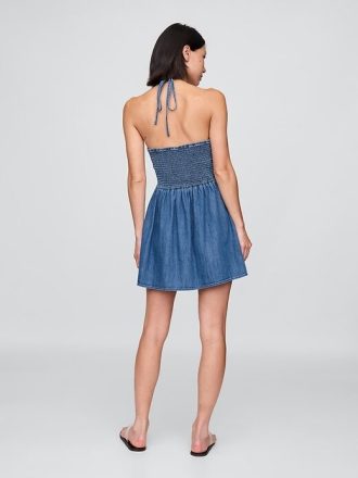 Neckholder-Minikleid aus Denim mit Biesen