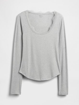 Pyjama-Oberteil mit Mini-Ripp und Spitzenbesatz