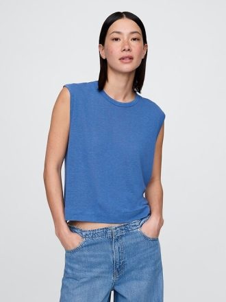 Rundhals-Shell-Tanktop aus Leinenmischung