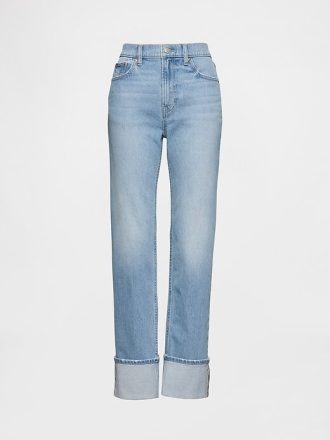 Schmale, gerade Jeans im 90er-Stil mit hohem Bund und Umschlag