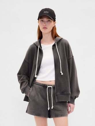 Schwerer French Terry Oversize-Kapuzenpullover mit Reißverschluss
