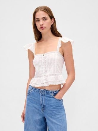 Spitzen-Rüschen-Voile-Schößchen-Crop-Top
