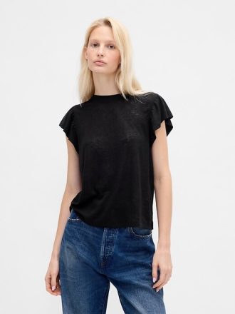 T-Shirt mit Flatterärmeln aus Leinenmischung
