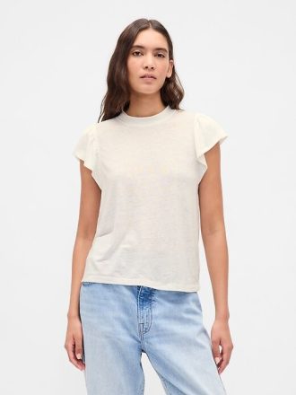 T-Shirt mit Flatterärmeln aus Leinenmischung