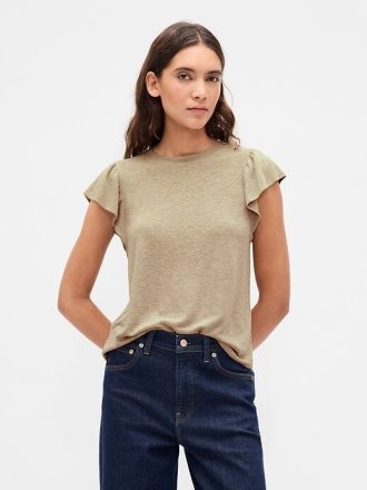 T-Shirt mit Flatterärmeln aus Leinenmischung