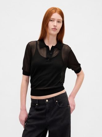 Transparenter, kurzer Polopullover