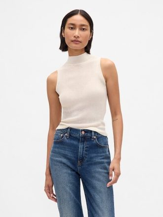 Transparentes, geripptes Tanktop mit Stehkragen