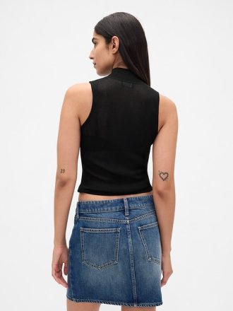Transparentes, geripptes Tanktop mit Stehkragen