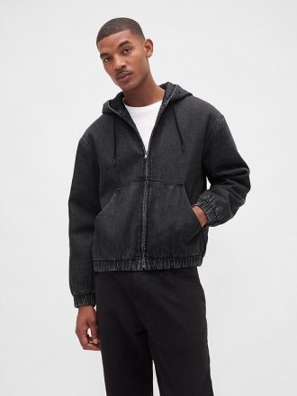 Ultraweicher Denim-Kapuzenpullover mit Sherpa-Futter und Reißverschluss