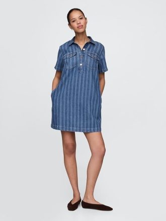 Ultraweiches gestreiftes Popover-Minikleid aus Denim