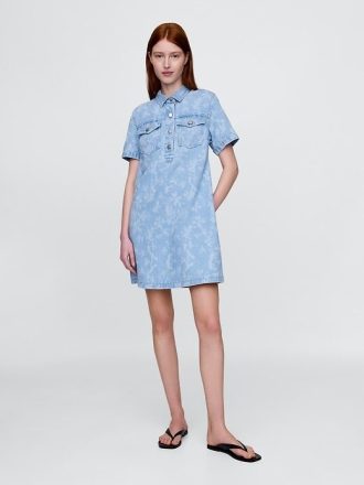 Ultraweiches Mini-Popover-Kleid aus geblümtem Denim