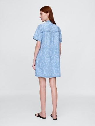 Ultraweiches Mini-Popover-Kleid aus geblümtem Denim