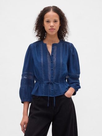 Voile-Top mit Spitzenbesatz